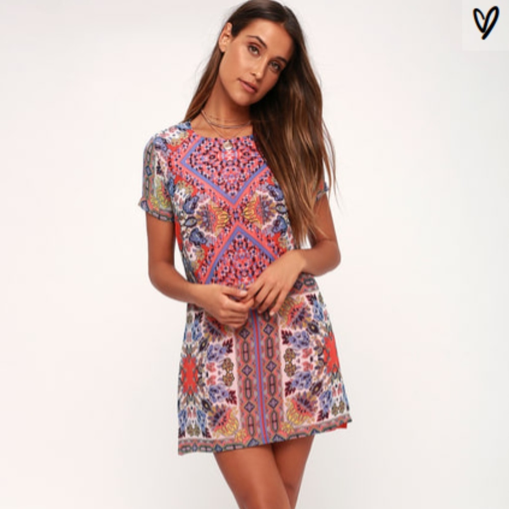 Sangria coral pink tile print shift dress